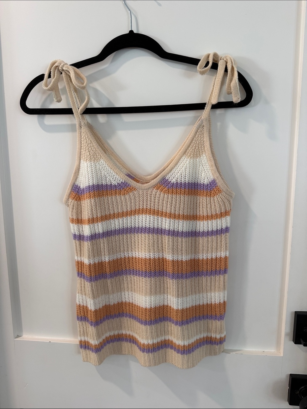 Tie-Strap Knit Stripe Tank Top - Beige & Lavender by Pink Lily